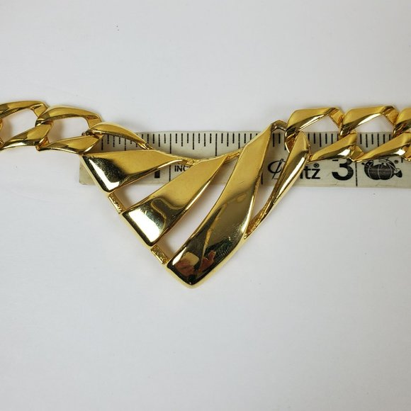 Vintage Chunky Gold Tone Curb Square Chain Link Bib V Pendant Statement Necklace - Picture 8 of 9